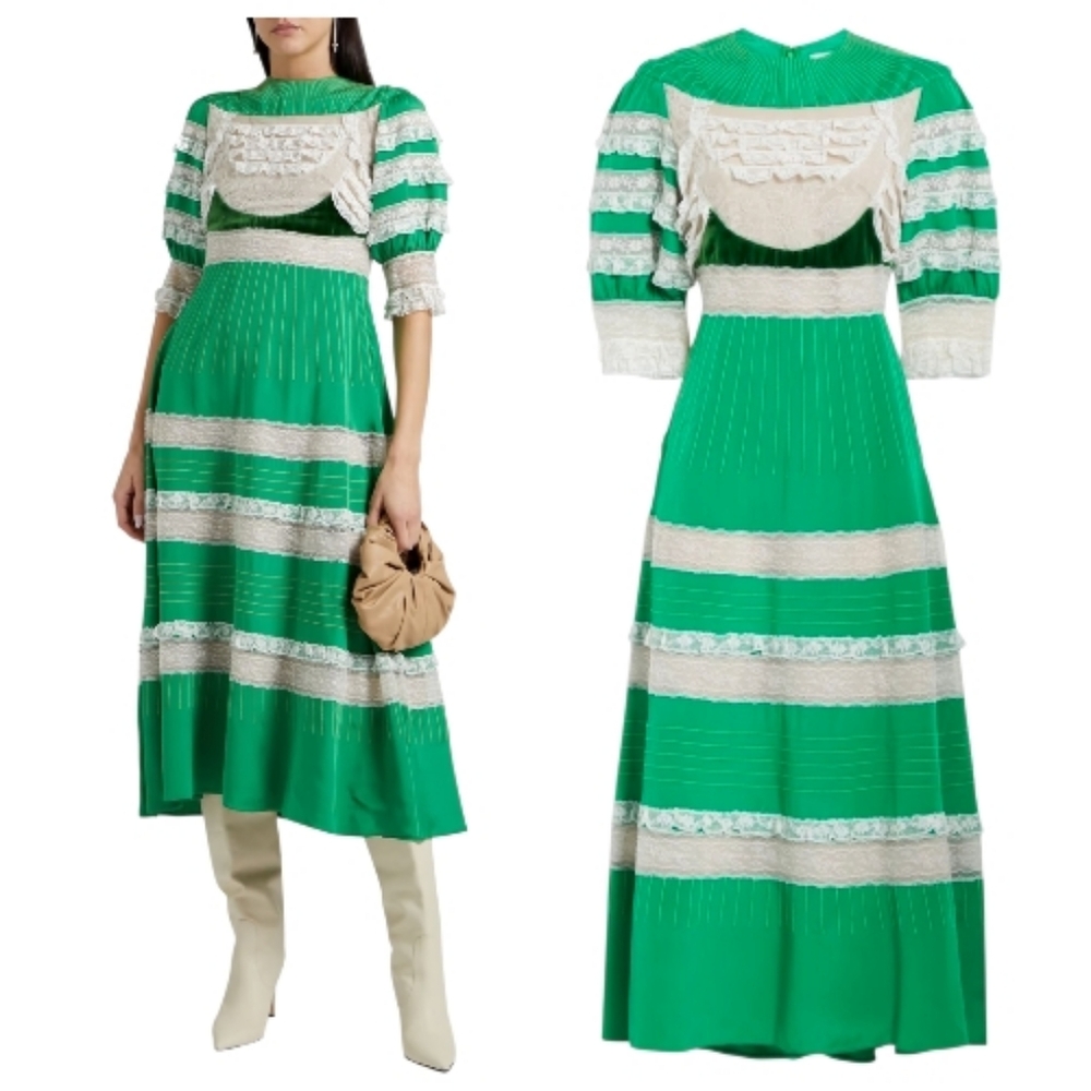 Valentino ruffled tulle and velvet MSRP $8000 silk midi dress, Emerald Green NWT